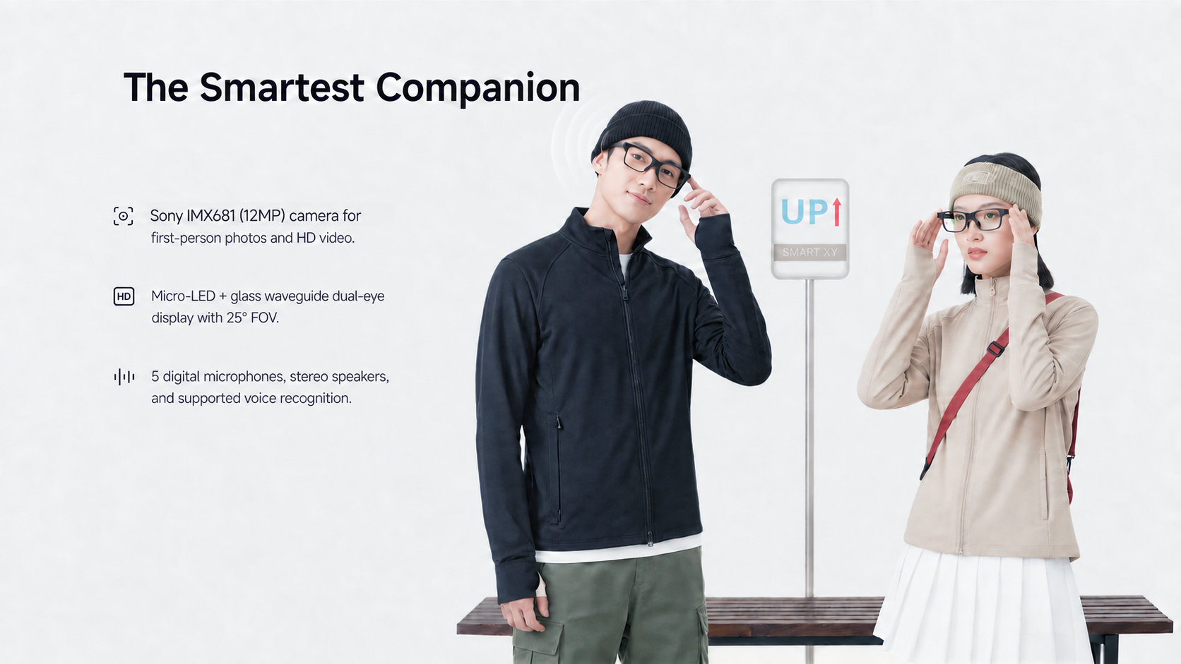 Two people wearing C100 smart glasses beside Sony IMX681 (12MP) camera, 25-degree Micro-LED display and 5 digital microphone audio callouts