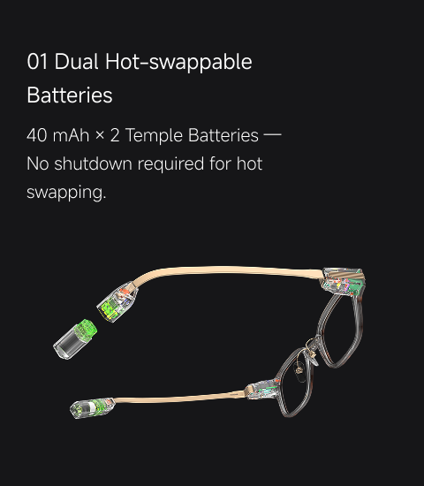 AR99 Pro reference panel showing user-swappable temple batteries