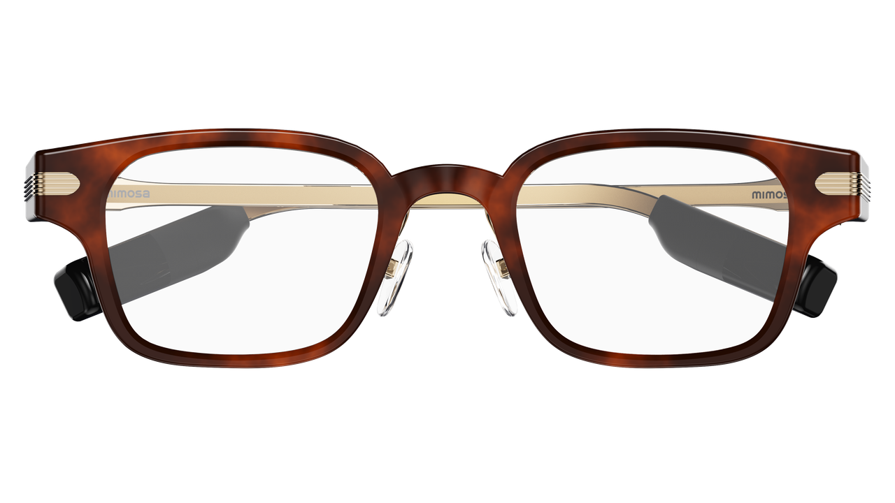 Front view of the AR99 Pro tortoiseshell frame with gold temples and dual user-swappable battery modules